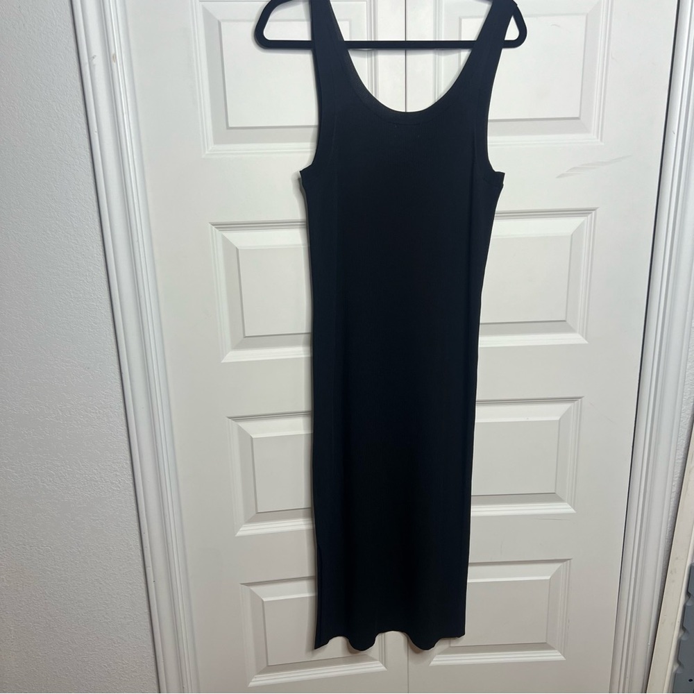 The Drop Black Ribbed Maxi Dress NWT Size L Side Slit Minimalist Bodycon - Picture 4 of 5